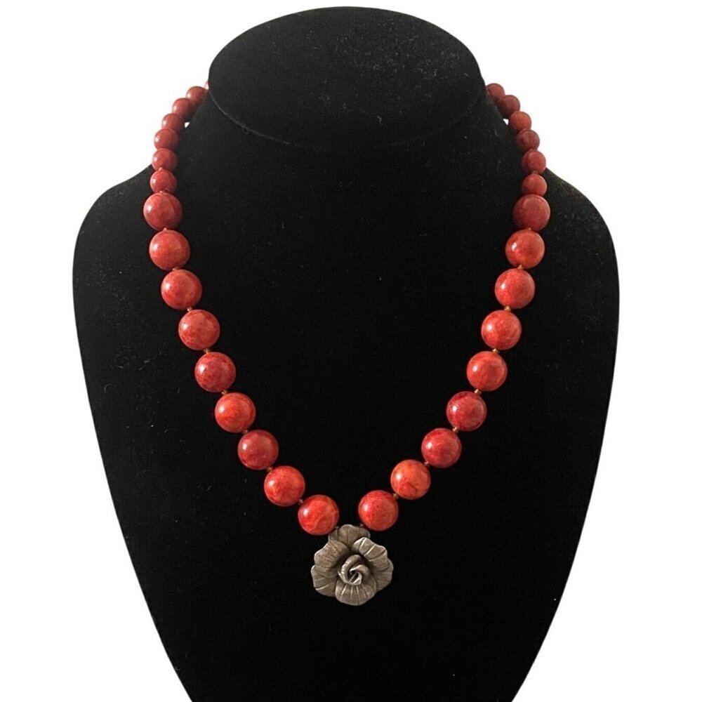 Peyote Bird Vintage Red Coral Bead .925 Sterling Silver Flower Pendant Necklace